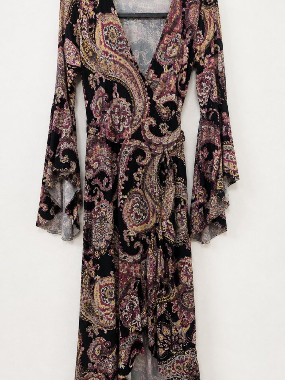 VENUS LARGE Paisley Wrap Maxi Dress Bell Sleeve High Low Boho Black Multicolor